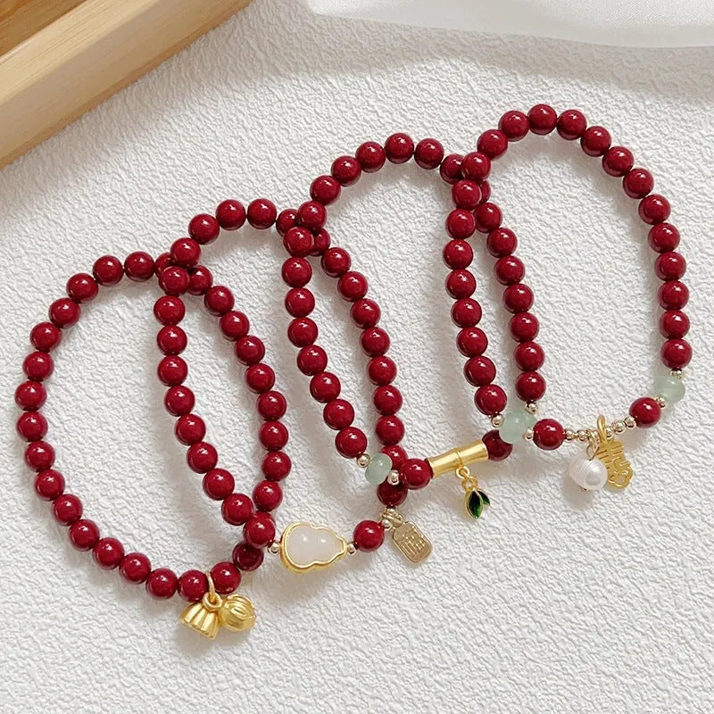 Birth year red beaded cinnabar bracelet with peace buckle gourd pendant in Chinese style for women
