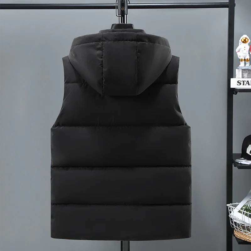 Men's black thickened polyester vest with a removable hood on a hanger.