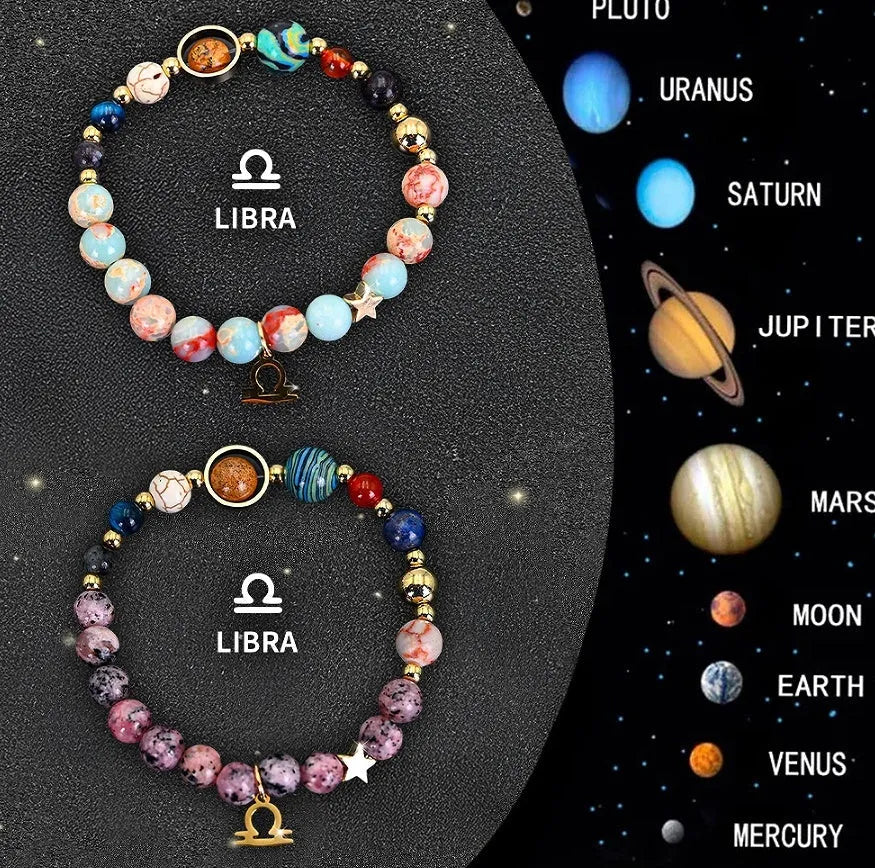 Two natural stone beaded bracelets with elastic cords on a wrist, showing 8mm polished gemstone beads.