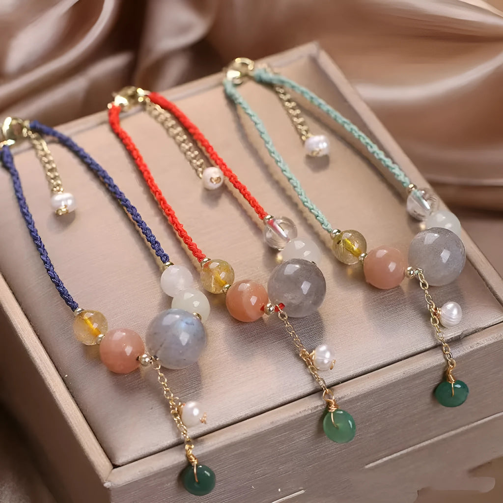 Hand-woven crystal sequin peace buckle bracelet for women in red, green, and blue colour options