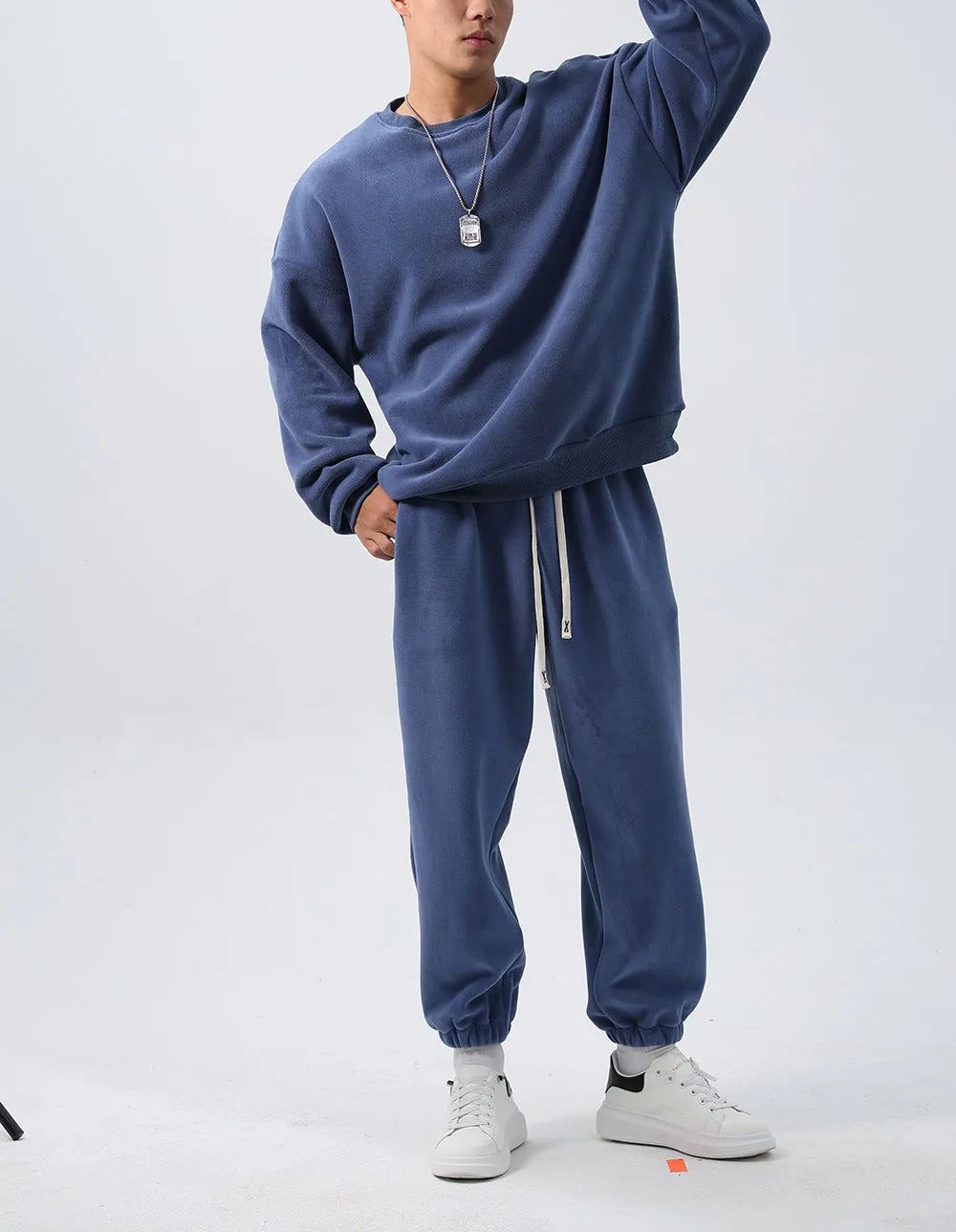 Men's polar fleece winter sports suit with crew neck coat and matching padded fleece trousers