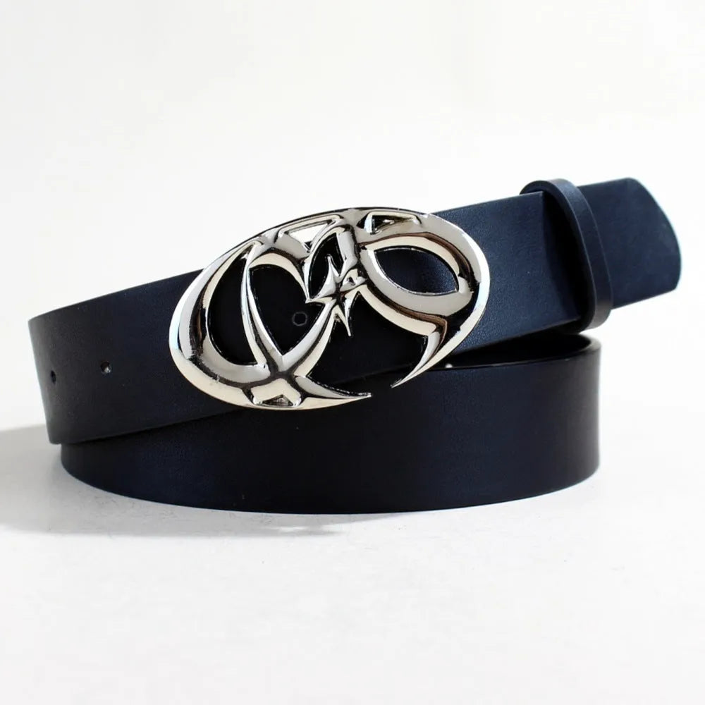 PU leather casual belt with silver alloy buckle showing snap button fastening mechanism