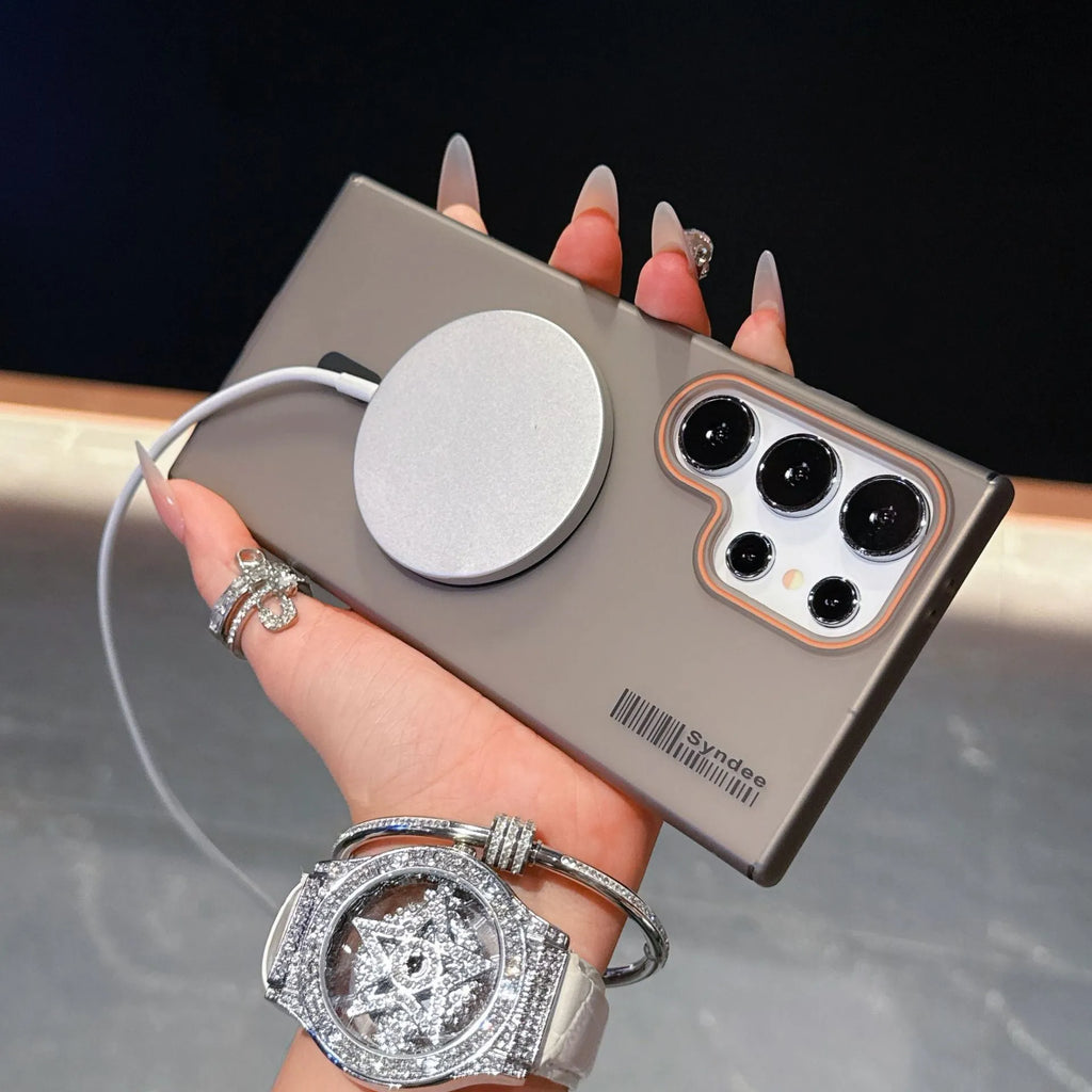 Samsung magnetic phone case in grey with ultra-thin frosted PC shell and soft yarn finish, shown from the back.