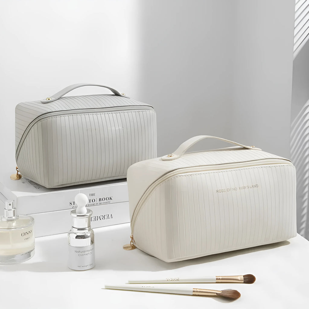 Vertical pattern pillow makeup bag in a cubic shape with large capacity for travel storage.