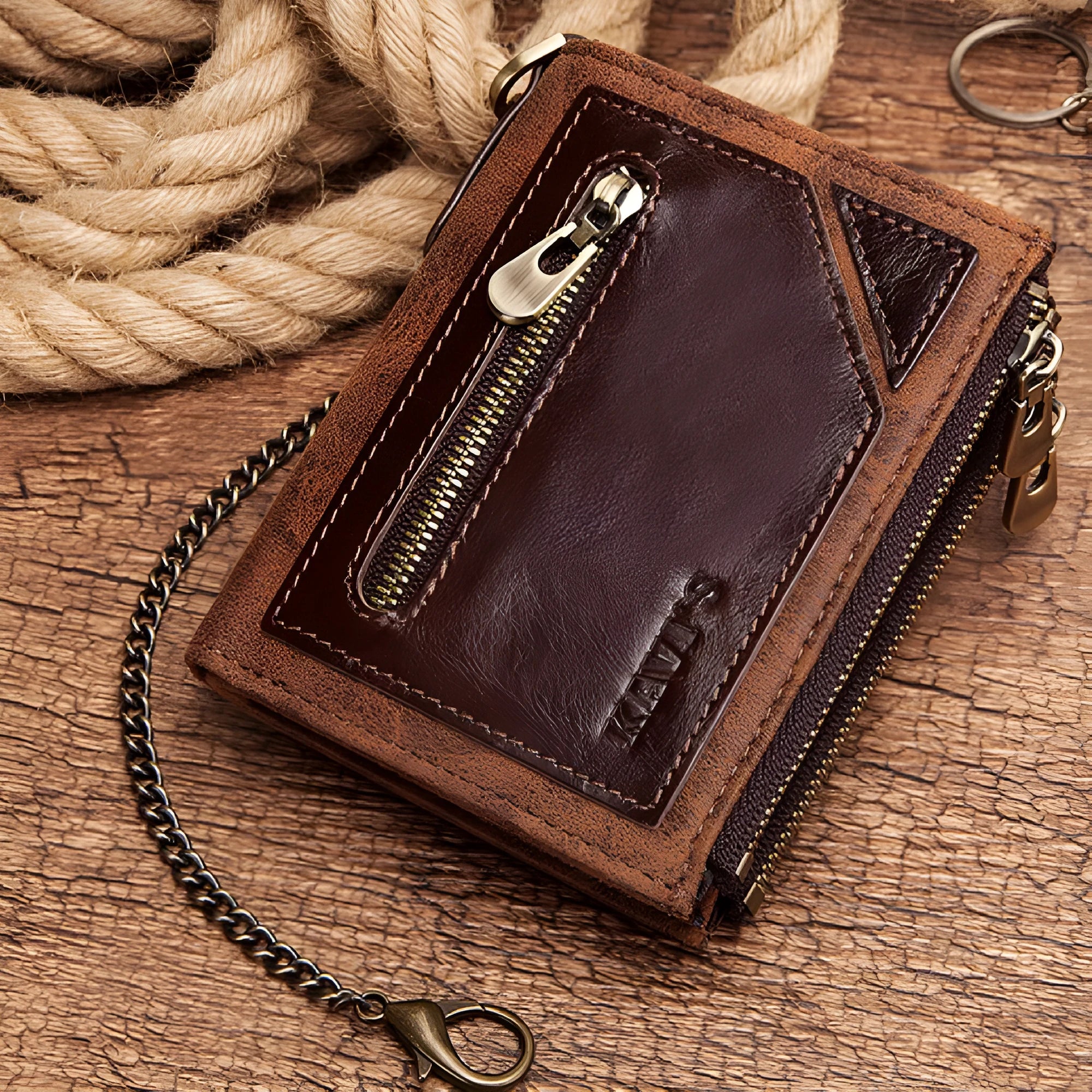 Brown genuine leather men's wallet with chain detail and RFID anti-theft protection