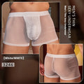 A pair of men's black ultra-thin nylon boxer briefs laid flat.