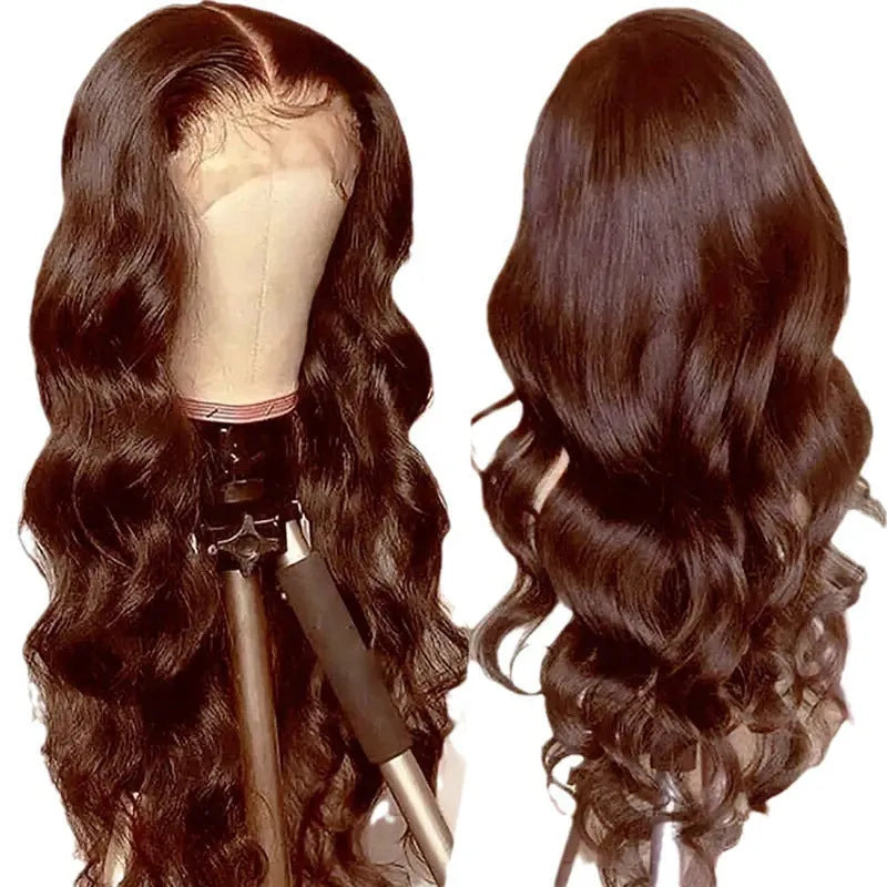 Women's long curly dark brown front lace wig with side bangs on a mannequin head