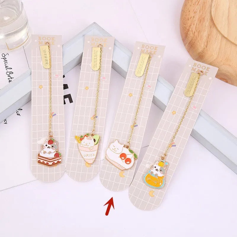 Cat metal pendant bookmark with creative cartoon designs including Strawberry Cake Cat and Cherry Sleeping Cat