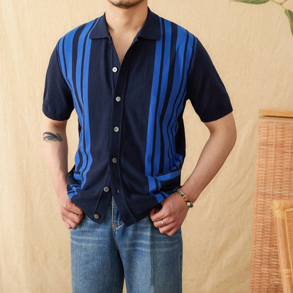 Striped cotton polo cardigan with lapel collar and short sleeves in light blue colour