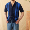Striped cotton polo cardigan with lapel collar and short sleeves in light blue colour