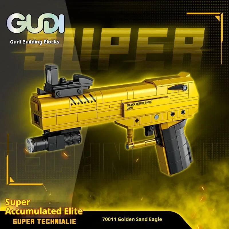 Golden Sand Eagle M416 rifle toy model made from small plastic building blocks, colour box packaging, for teenagers