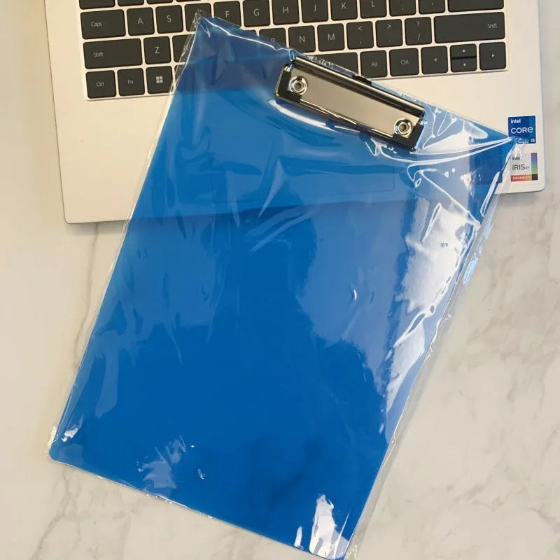 Clear plastic A4 plate holder with metal clip showing document inside, available in blue, green, red and white colours
