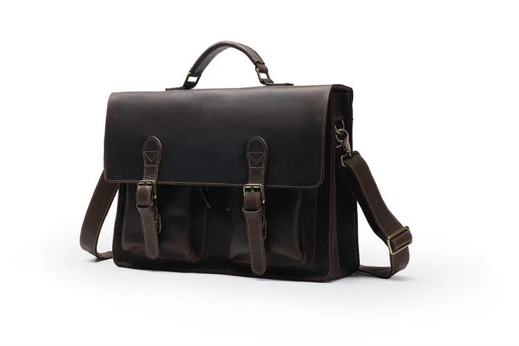 Brown cowhide leather crossbody computer bag with anti-theft features for business use