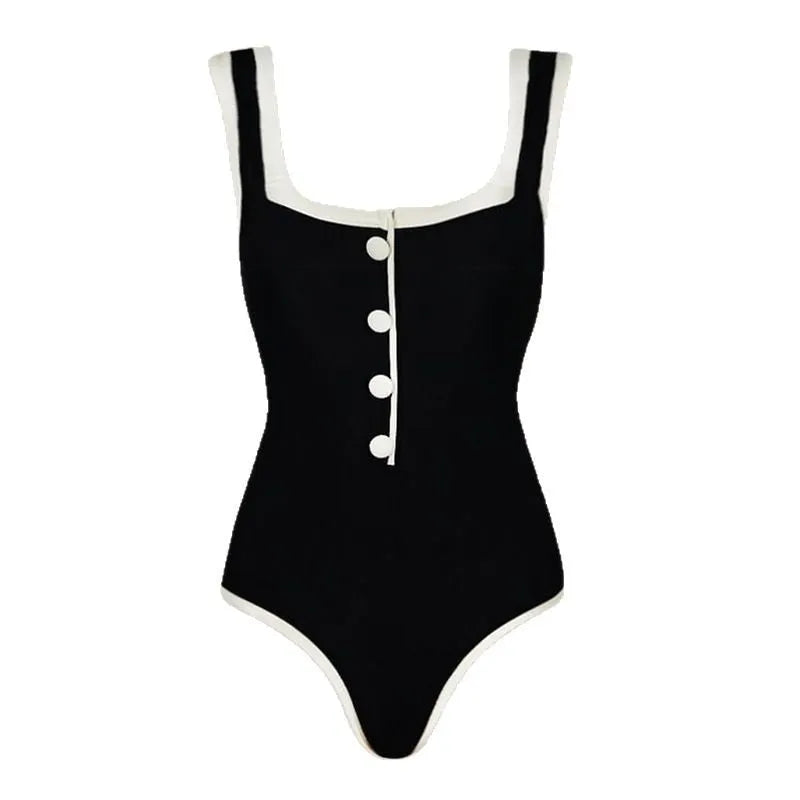 Black and white colour matching plus size one-piece swimsuit with simple covered belly and sleeveless backless style