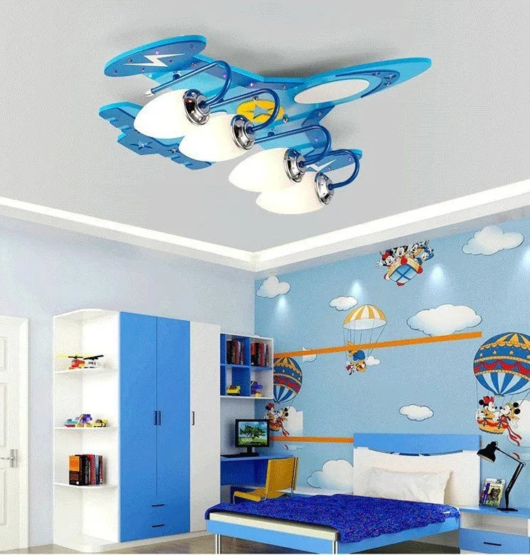 Children's wooden airplane cartoon ceiling light with rectangular glass shade and remote control