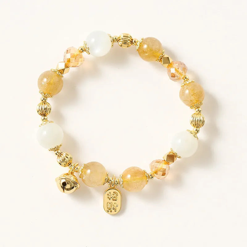 Korean style gold rutilated quartz crystal bracelet with electroplated Lucky Fortune finish