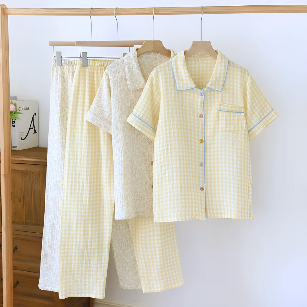 Women's yellow plaid cotton gauze short-sleeved top and trousers casual loose outfit set.