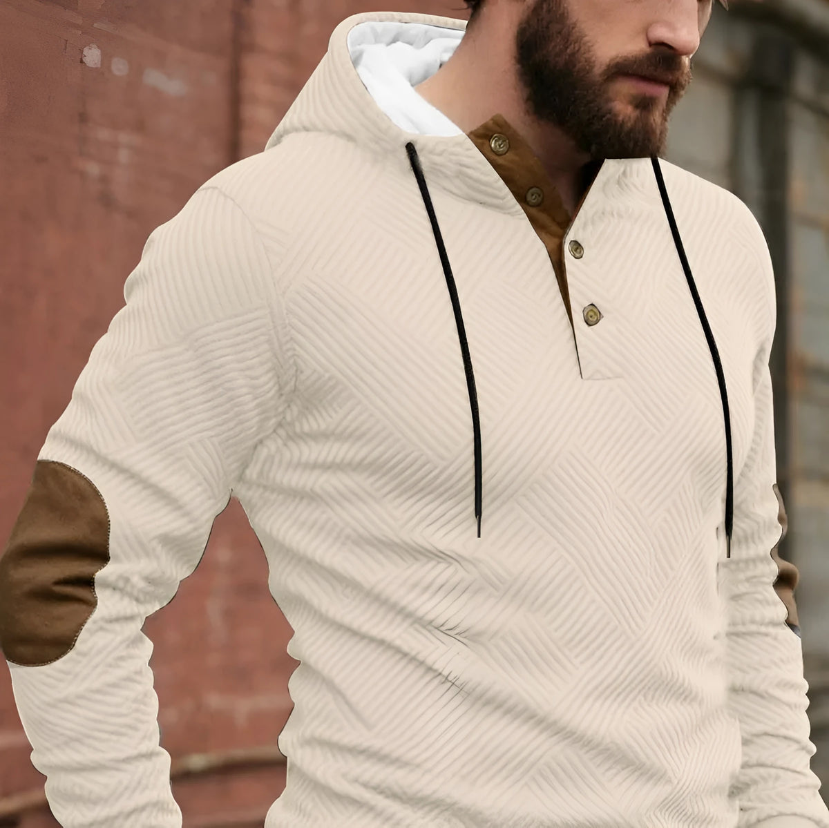 Men's loose hooded pullover sweatshirt in white, dark blue, apricot, dark gray, or black, sizes S to 3XL.