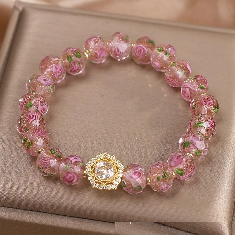 Flower Story pink crystal bracelet women's light luxury electroplated glass coloured glaze bracelet
