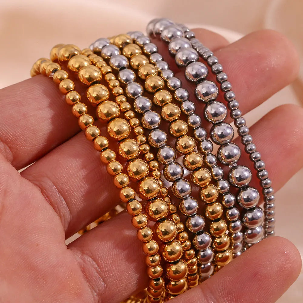 Niche vintage stainless steel plated 18K gold elastic bead bracelet for women round geometric shape gold 4mm