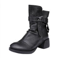 Women's black retro ankle boots with chunky heel and round toe in genuine leather