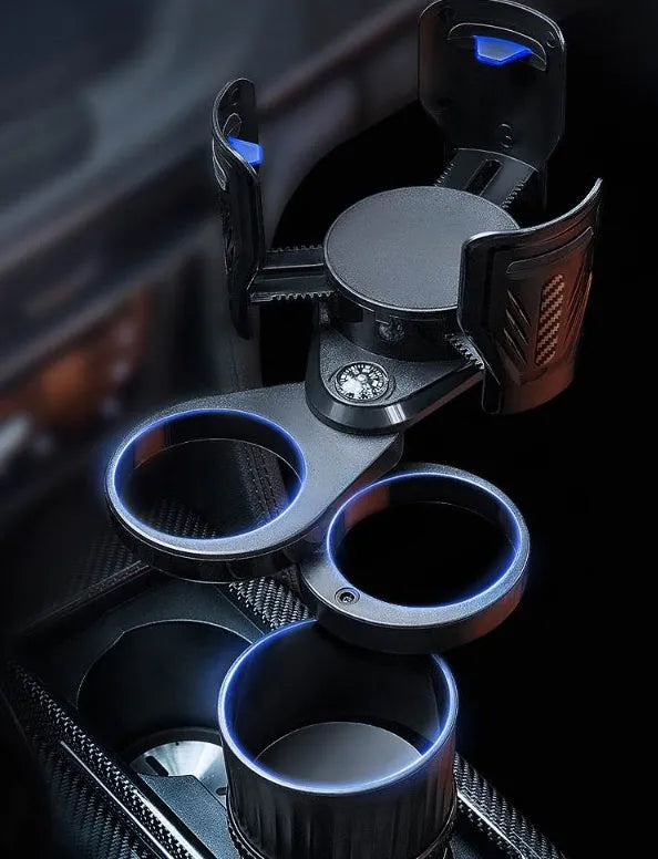 Black adjustable car cup holder with retractable base on a grey background.