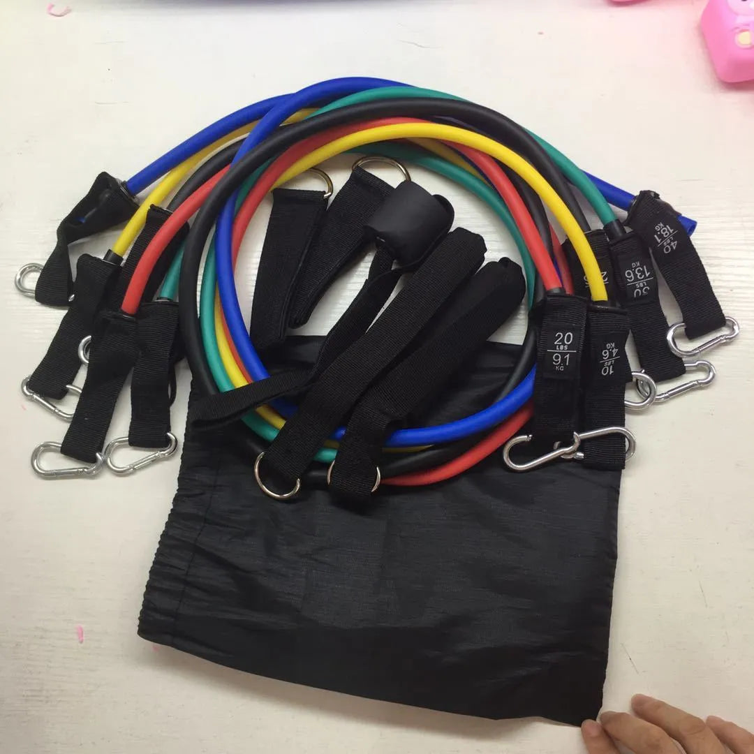 11 piece TPE latex resistance tensioner set for home fitness with colour coded bands