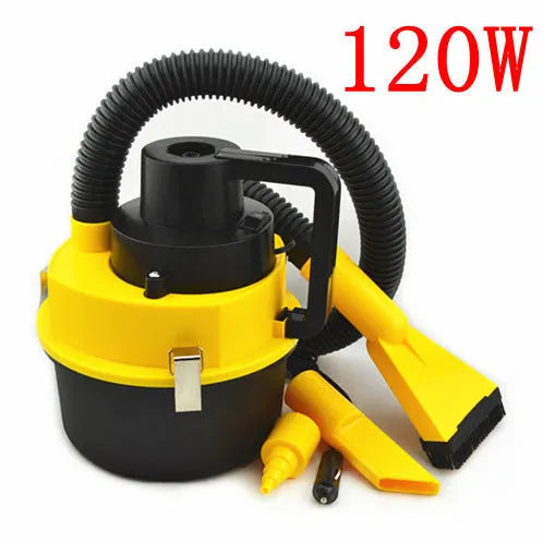 Yellow 12V wet and dry car cleaner with ABS body on a grey surface with nozzles and hose visible