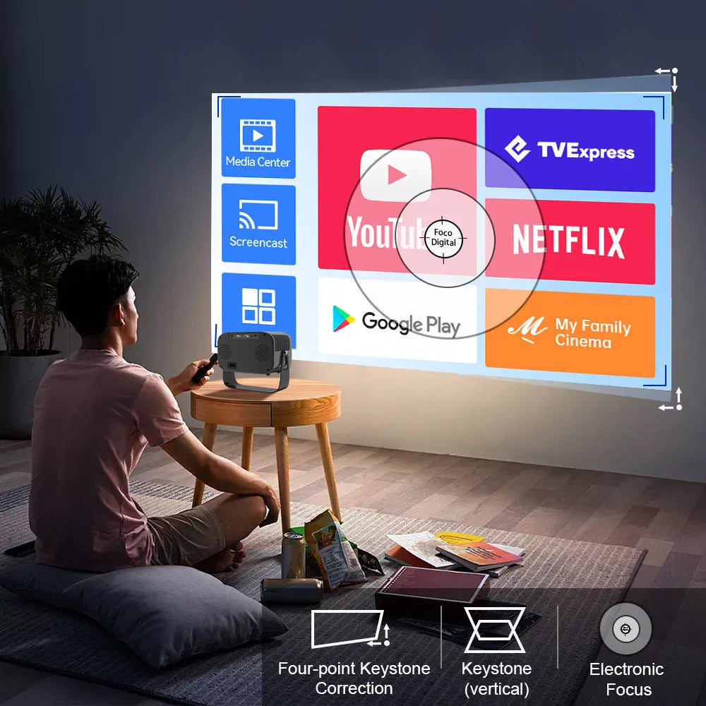 Black portable HD projector with Android system, remote control, and universal power cables