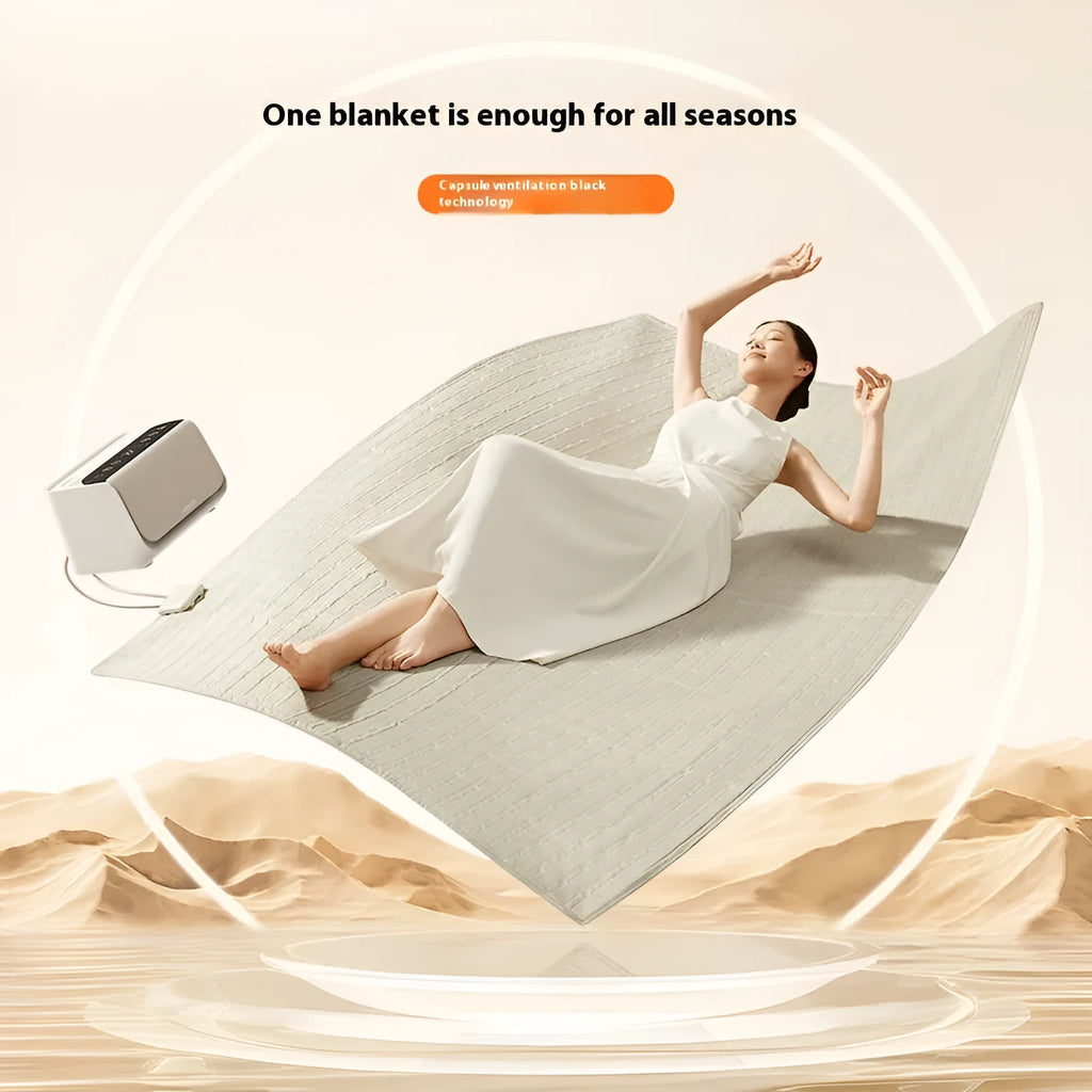 Aideng white electric water blanket with plush surface and smart host, shown in 1.4m and 1.8m width options.