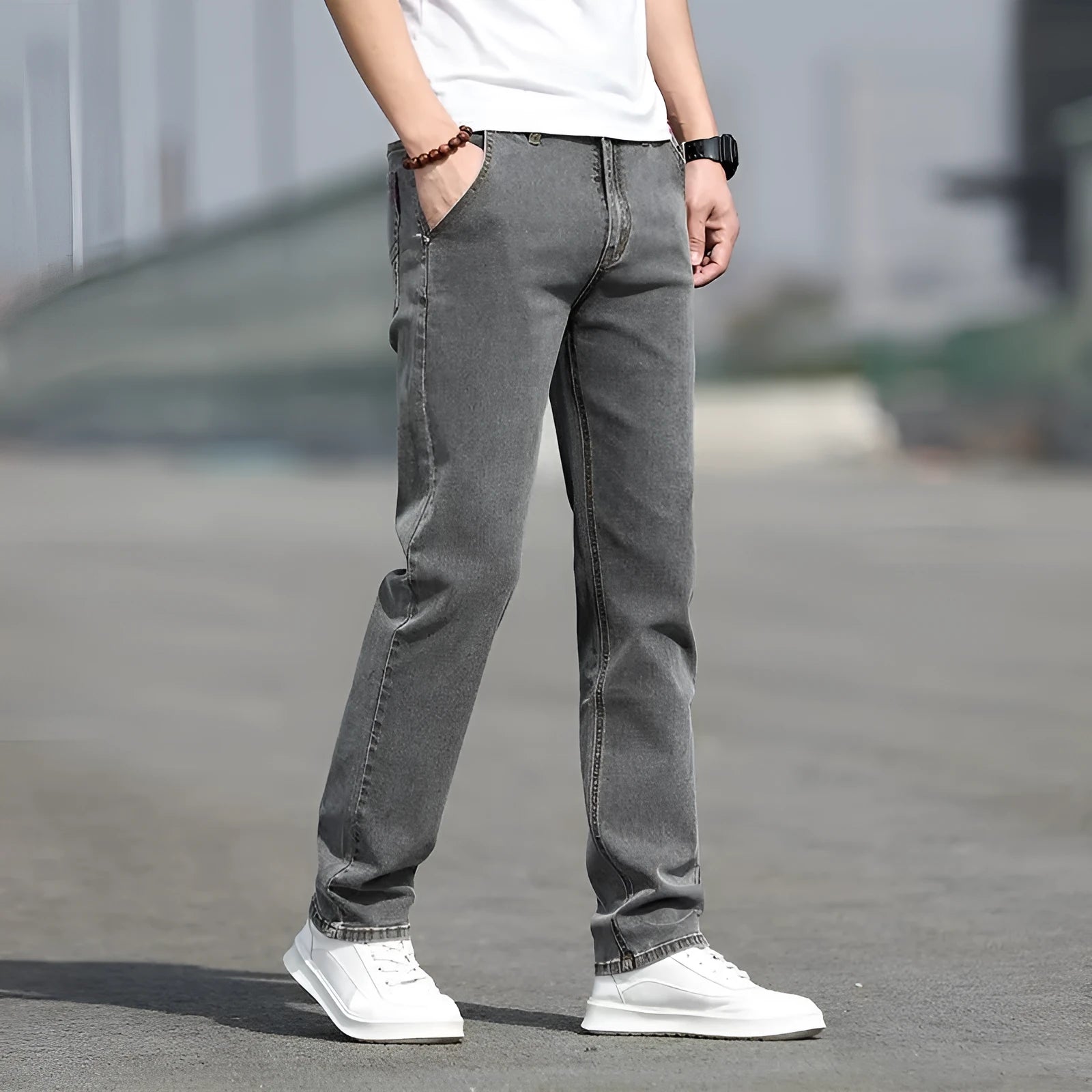 Men's straight leg jeans in smoky grey high elasticity fabric with zip fly closure