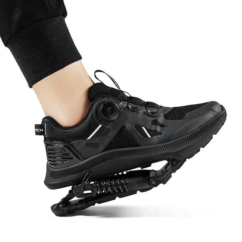 Black running shoes with mesh upper, leather stitching details, and buckle fastening