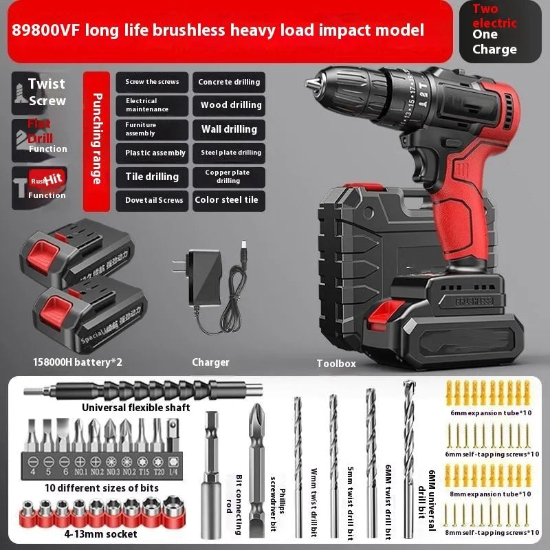 Brushless electric drill with 10mm chuck, 21V rechargeable battery, and impact function on white background