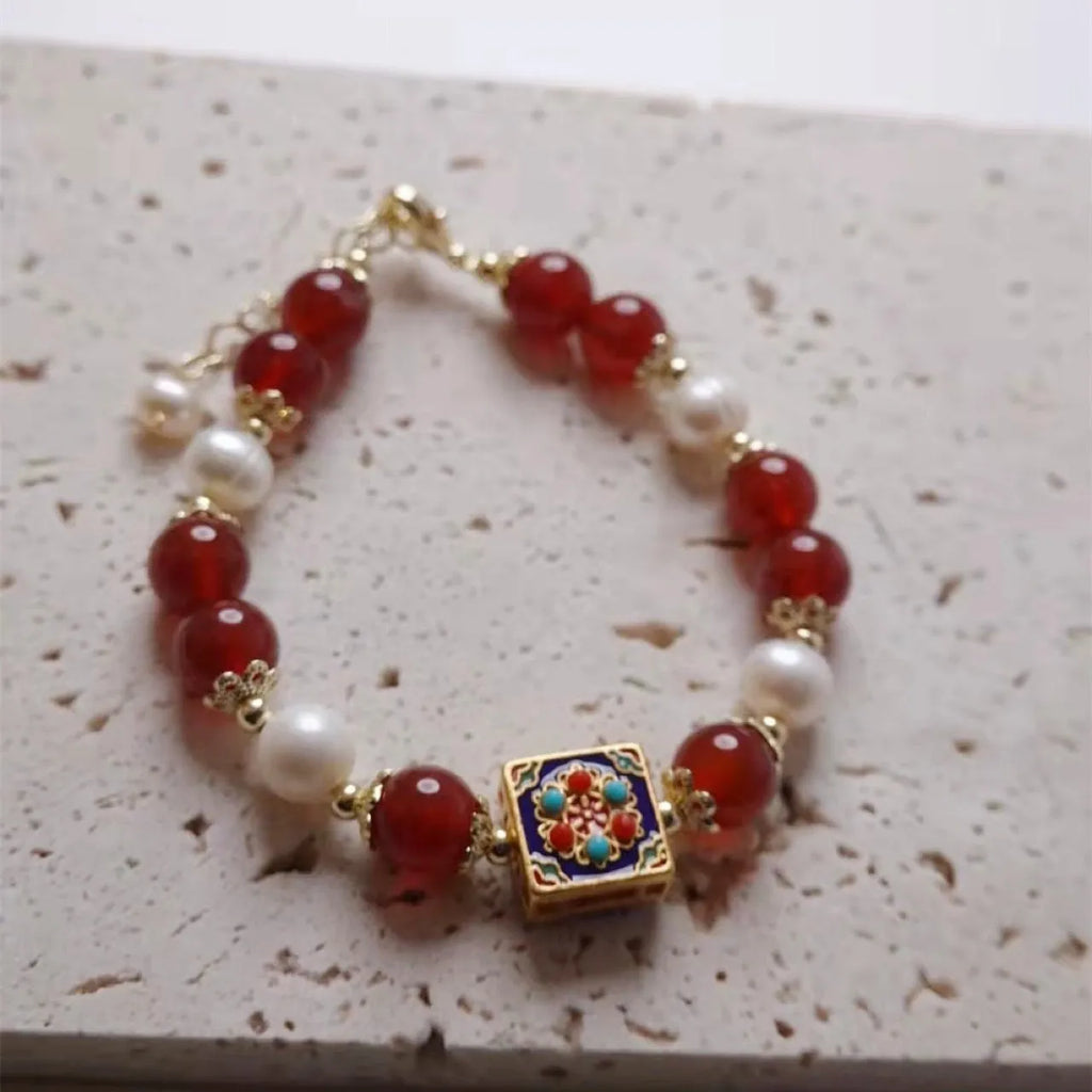 Pearl and red agate star stone bracelet with constellation design, manual craft, 14-17 cm wrist fit, women's lucky accessory