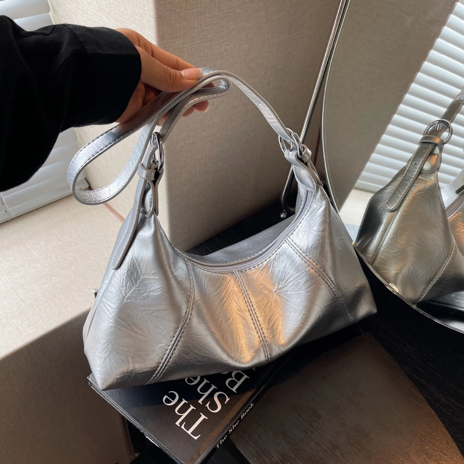 New women's crossbody bag in beige, soft PU material with stitching detail and double shoulder straps