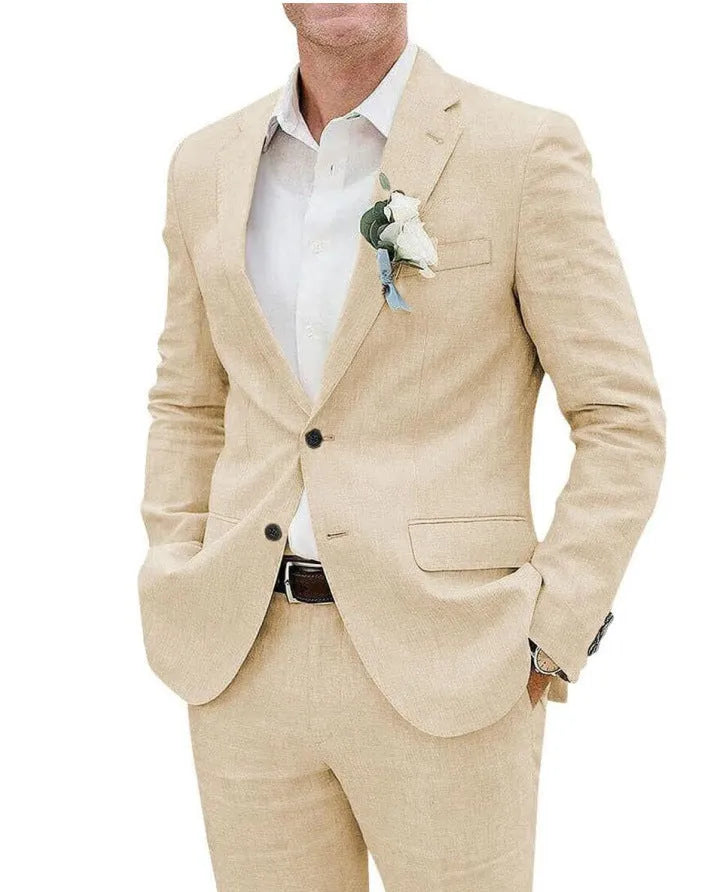 Men's linen blend two-piece suit in beige slim fit jacket and trousers