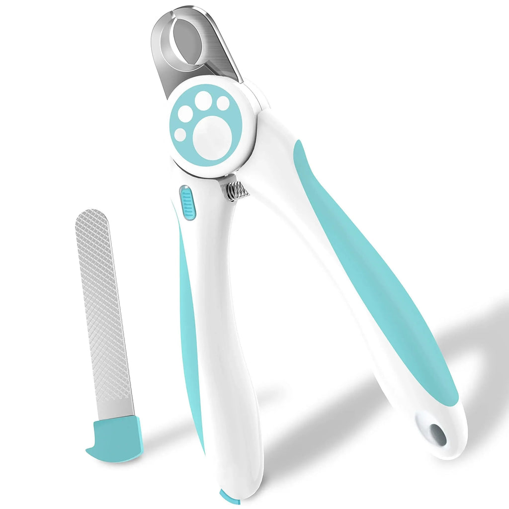 Blue and white professional pet nail clipper for dogs and cats with a safety lock and stainless steel blade