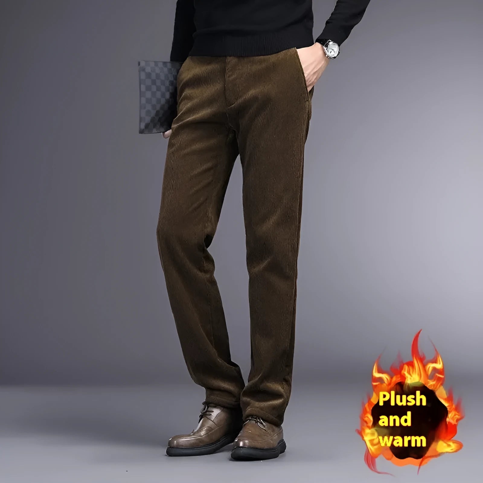 British retro style striped straight-leg trousers in a khaki colour, showing zip fly and classic cut.