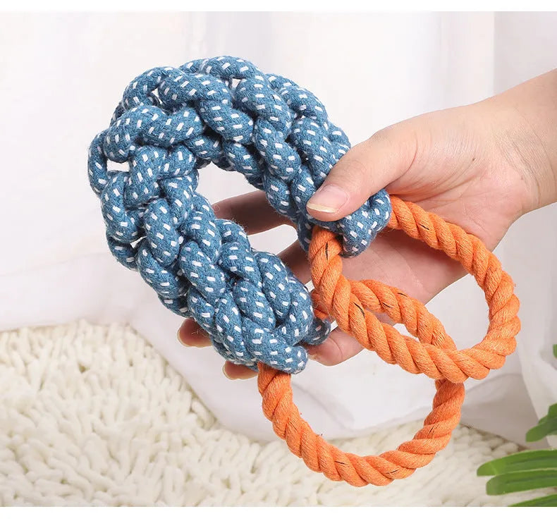 Blue braided cotton dog chew toy with double rings and bone shape, 37cm long
