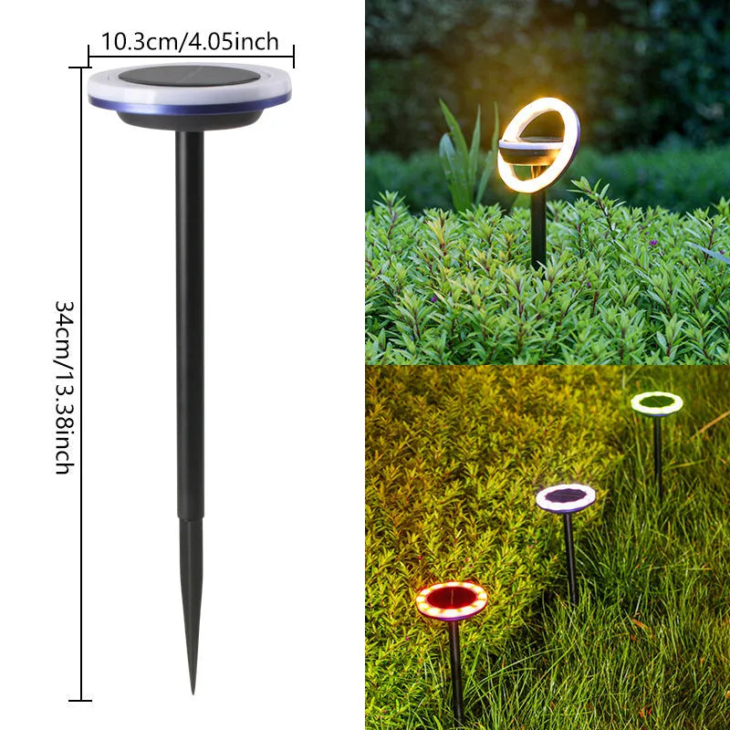 12LED rotating solar lawn light with IP65 rating in a garden setting, white light option, 103x103x340mm spike
