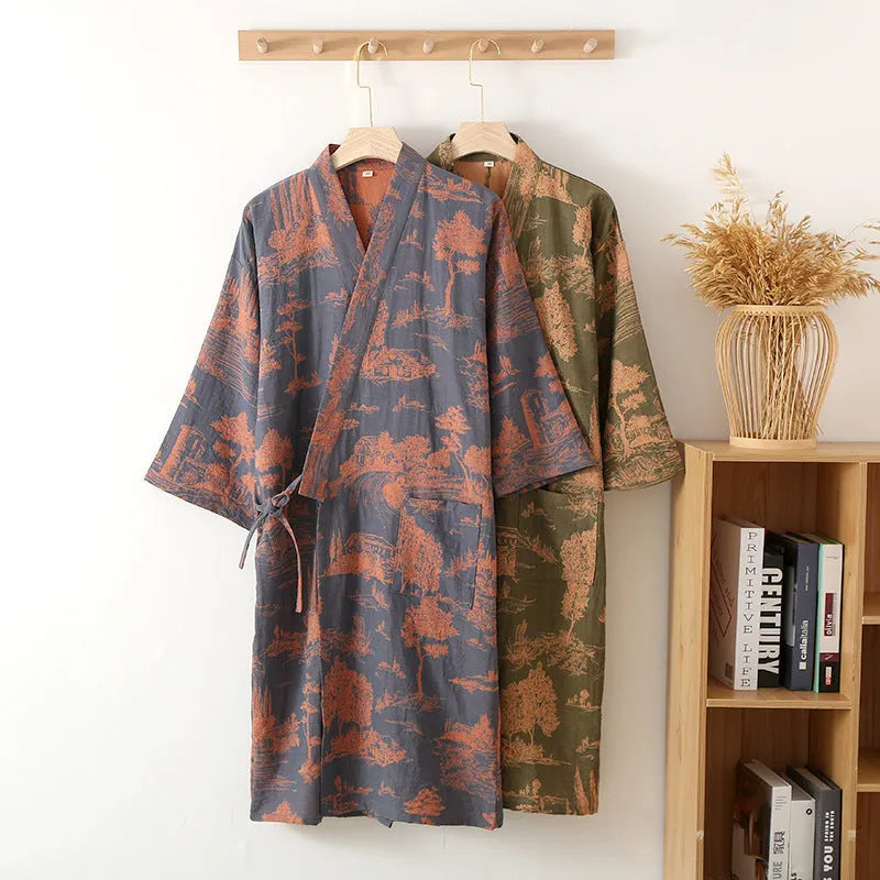 Men's cotton gauze kimono long dress bathrobe in dark blue, 95% cotton, with loose fit