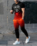Man wearing a short-sleeved printed polyester tracksuit set for sports.