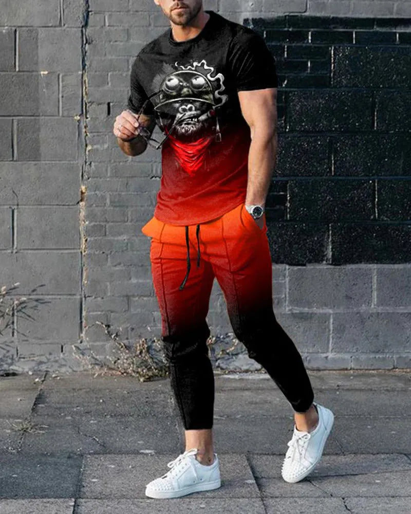 Man wearing a short-sleeved printed polyester tracksuit set for sports.