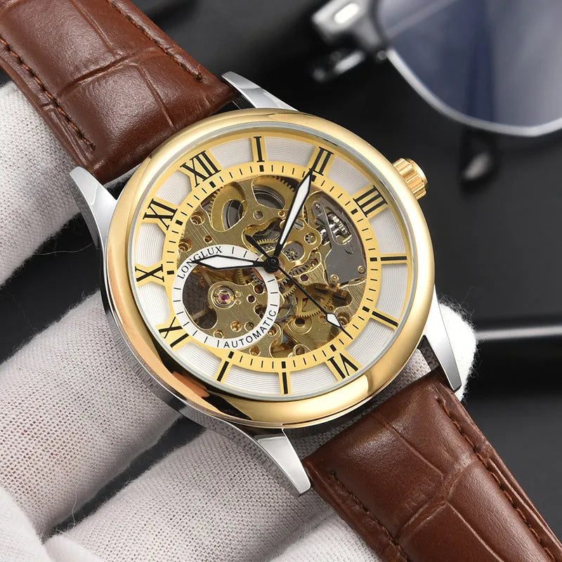 Men's mechanical watch with Roman scale dial, metal case, and faux leather strap on wrist