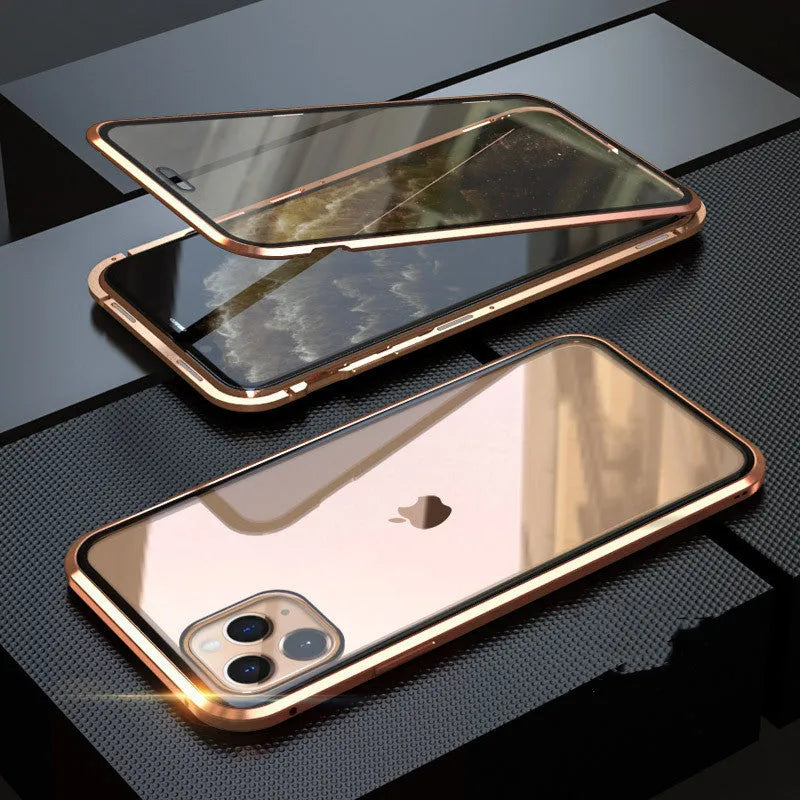 Glass clamshell anti-spy privacy case for iPhone in black, blue, gold, green, red, and silver colour options.