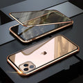 Glass clamshell anti-spy privacy case for iPhone in black, blue, gold, green, red, and silver colour options.