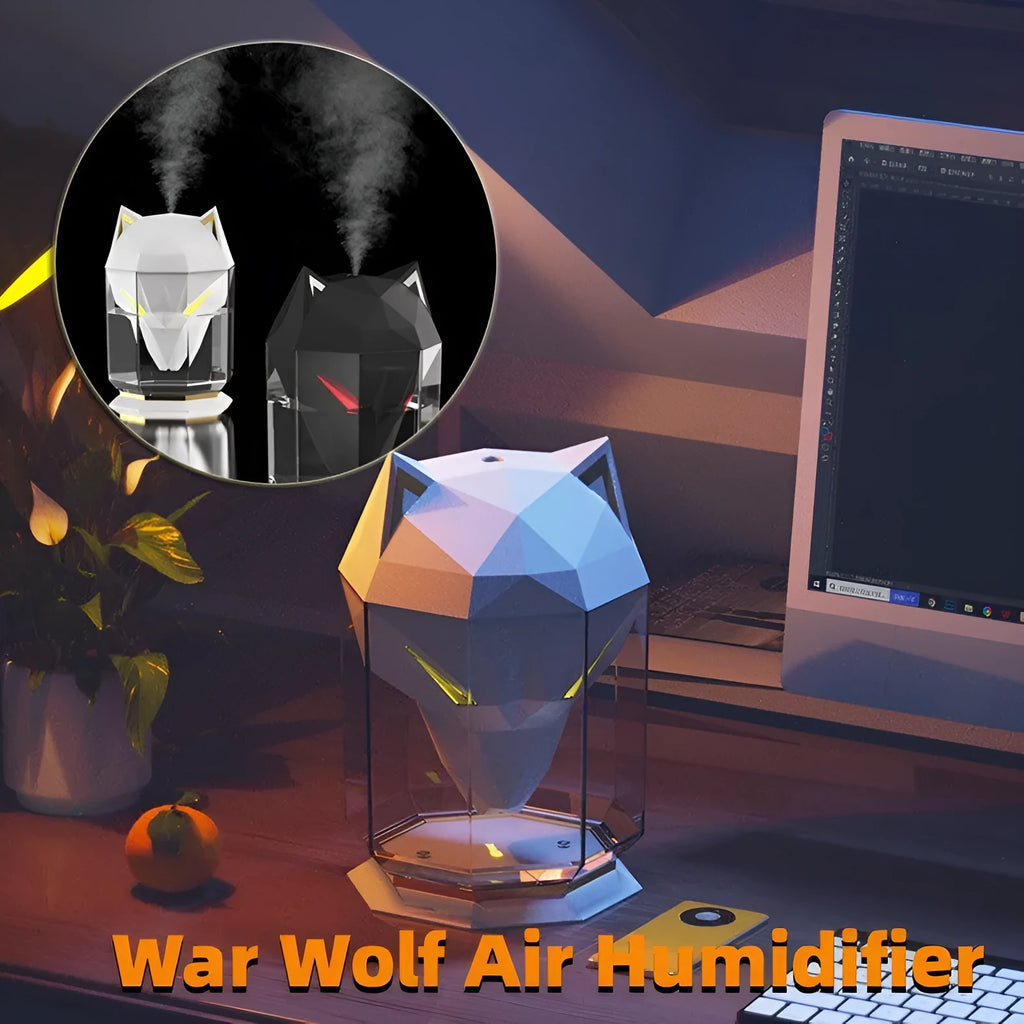 War Wolf ultrasonic desktop humidifier with colourful lights and USB cable