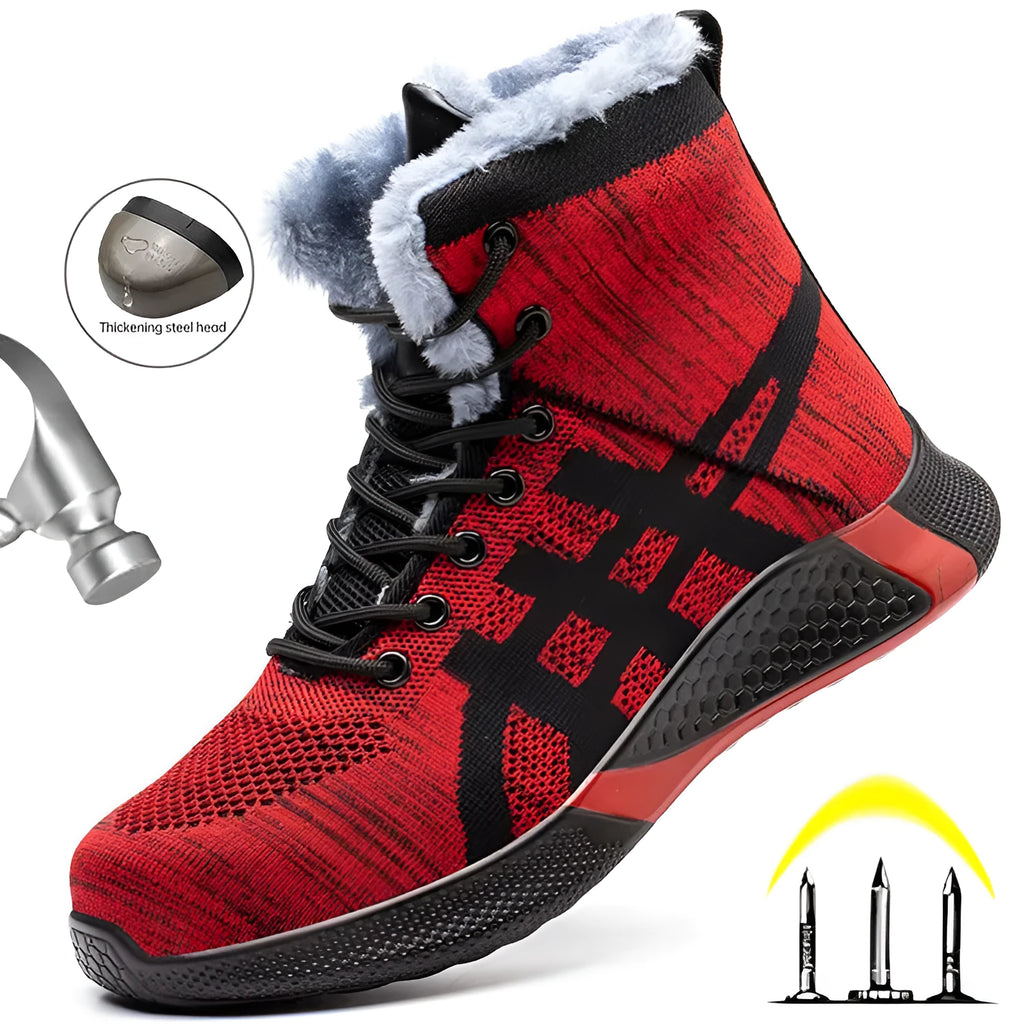 Winter plush safety boots for men with steel toe, anti-puncture sole, and lace-up design in black