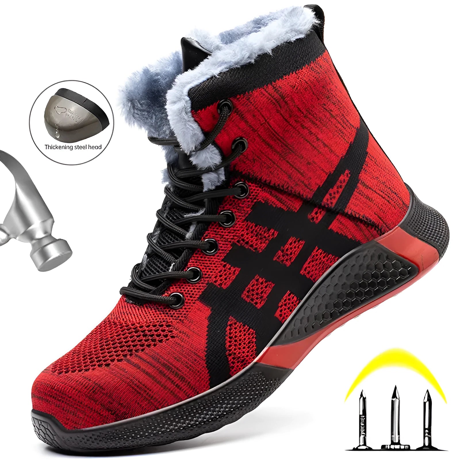 Winter plush safety boots for men with steel toe, anti-puncture sole, and lace-up design in black