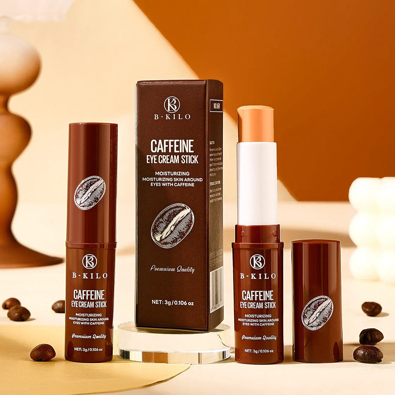 Caffeine eye cream stick in white packaging with 3g net content for dark circles and fine lines